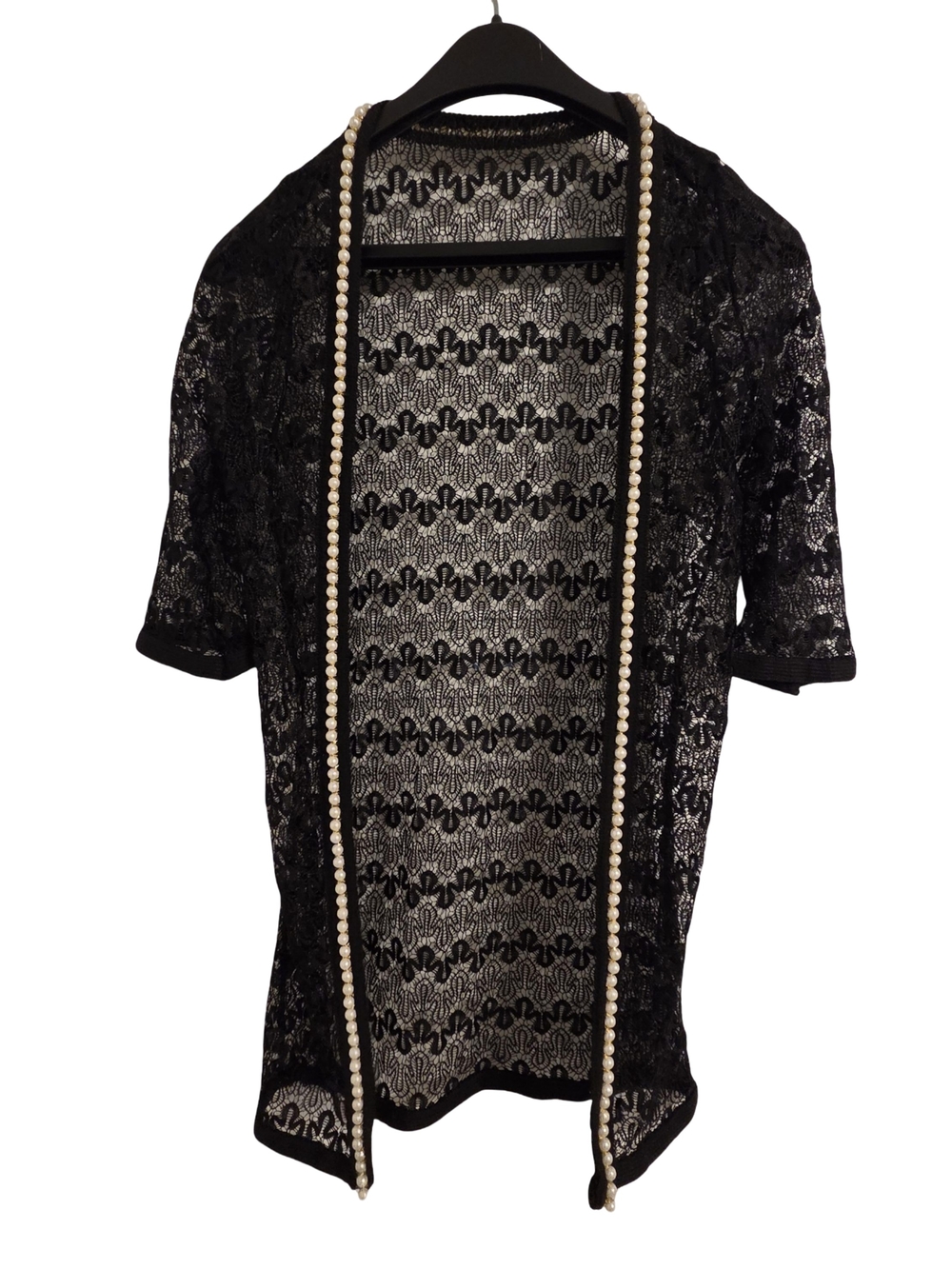 Black Lace Open-Front Blazer with Pearl Trim